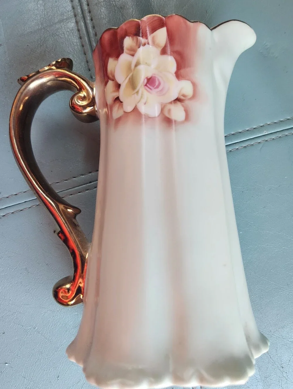VTG NIPPON Hand Painted Pitcher JAPAN Floral Pale Green PINKS Vase Gold Trim EVC